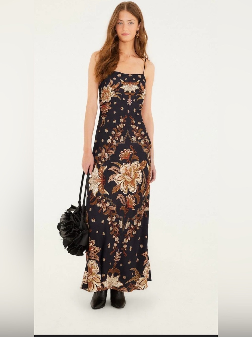 FARM Rio Black Maxi Dress with Brown and Cream Floral Print